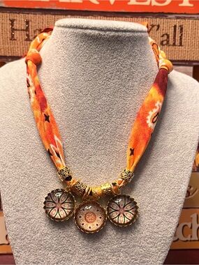Handmade Fall Color Tie Dye Bandana Necklace with Handmade Boho Charm Pendants
